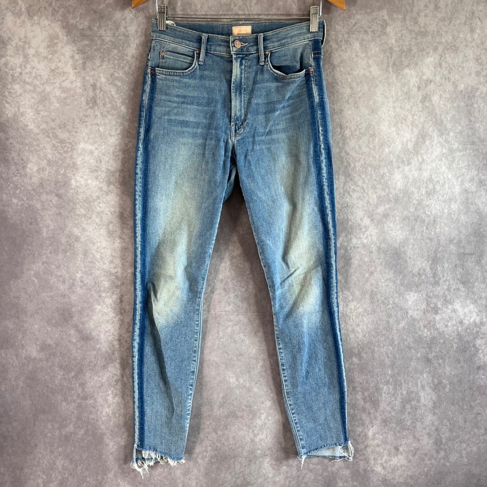MOTHER Stunner Zip Ankle Step Fray Jeans Womens 27 Blue Light Kitty Racer Stripe